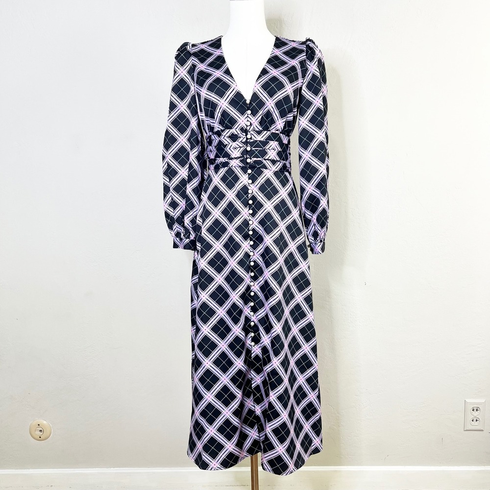 Olivia Rubin Midi Dress Sandra Plaid Button Front Black Long Sleeve V Neck Sz 2